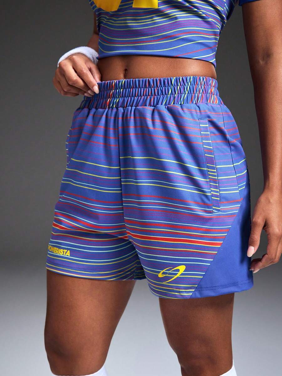 Powerista 女士弹力腰带条纹宽松足球运动短裤 - 卡其色 - 查看 1