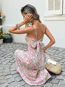 SHEIN LUNE 女士休闲夏季度假通勤日常基本款吊带长裙 女士夏季连衣裙 波西米亚风女装 女士夏季套装 波西米亚风夏季连衣裙 露背夏季连衣裙 - 粉色 - 查看 1