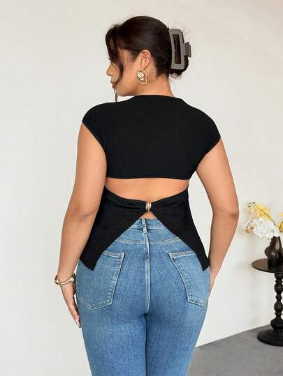 Firerie Plus Size Women Minimalist T-Shirt With Hollow Back Design, Casual Vacation Open Back Tops Low Back Top Backless Top Open Back Shirts Cute Black Top