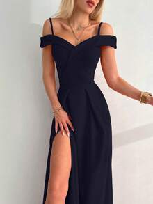 Vestido elegante y sexy de unicolor con abertura alta, hombros descubiertos y tirantes finos - Azul Marino - Ver 3