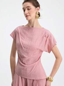 Aalyst Women's Spring/Summer Outfit, Elegant Casual Asymmetric Shoulder Pleated Top + Straight Leg Pants 2-Piece Set, Suitable For New Year, Valentine's Day, Easter, Mother's Day, Middle Eastern Wedding, Commute, Vacation, Pocket Detail, Pink - Pink - View 5