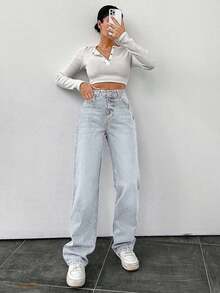 EURMUSE Women's High Waist Cotton Straight Washed Denim Casual Pants - Baby Blue - View 4