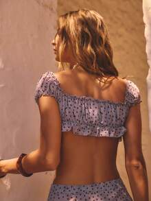 Aralina 轻薄透视网纱面料，花瓣袖，胸部褶皱设计，前系带露脐短款修身可爱夏季上衣，女士度假装扮，性感夏季上衣 - 淡紫色 - 查看 3