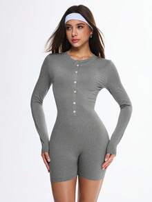 Gameset SHEIN Sport Mono deportivo casual de mujer de unicolor, cuello redondo, manga larga y diseño con botones - Gris - Ver 3