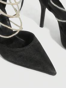 CUCCOO SZL Giày sandal cao gót mũi nhọn, khóa kim loại, quai ngang mắt cá chân, kiểu dáng gợi cảm, thích hợp cho các bữa tiệc và hộp đêm. - màu đen - Xem 5