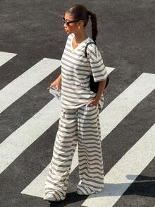 Muchica 女士夏季新款针织条纹V领短袖T恤和宽松长裤休闲套装 - 杏色 - 查看 5