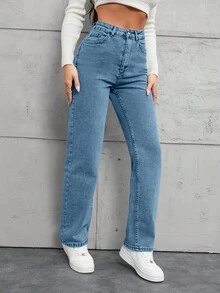 EURMUSE 100% Cotton Straight Leg Jeans With Diagonal Pockets - Blue - View 5