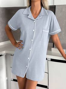 SHEIN Women Button Front With Contrast Colour Detail Homewear Lounge Pajama Dress - Baby Blue - View 3
