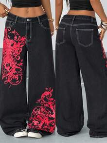 StreetHx Women's Y2K Casual Fashionable Street Cross & Plant Print Loose Wide Leg Flare Jeans - Black - View 1