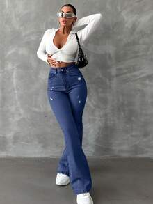 SHEIN Cottnline 98%Cotton Zipper Fly Distressed Bell Bottom Jeans - Medium Wash - View 4