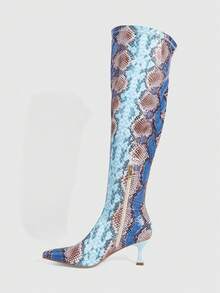 CUCCOO SZL 女士经典蛇纹过膝长靴，时尚超高跟尖头优雅简约弹力过膝长靴，情人节礼物 - 水鴨藍 - 查看 4