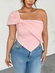 Firerie Chemise asymétrique élégante à nœud pour femmes grandes tailles, top rose pâle, tenue de bureau/négociation d'affaires et tenue décontractée/thé/rencontre entre amies/shopping/été pour femmes/été européen/pour enseignantes/femmes de campagne/top d'été mignon à une épaule rose - Rose bonbon - Voir 3
