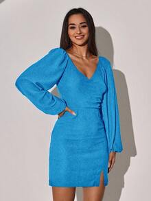 EURMUSE Women's Blue Deep V-neck High-slit Dress - Biru - View 5