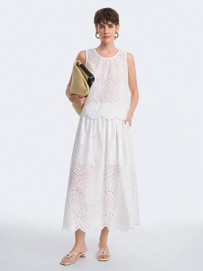Aalyst Women's Summer Outing, Dating, New Year, Valentine's Day, Easter, Mother's Day, Music Festival, Middle Eastern, Wedding, Elegant Vintage Casual Commute Romantic Vacation Hollow Embroidery Ruffle U-Neck Fitted Tank Top + Elastic Waist Fitted Long Umbrella Skirt Two Pieces Set, White Pockets