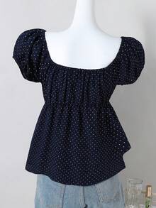 SHEIN Teen Girl Polka Dot Print Sweetheart Collar Puff Sleeve Cute Blouse - Apricot - View 2