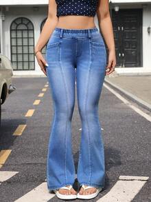 Flexra Women's Elastic Waist Pocket Casual Versatile Flare Leg Jeans - Blue - View 8