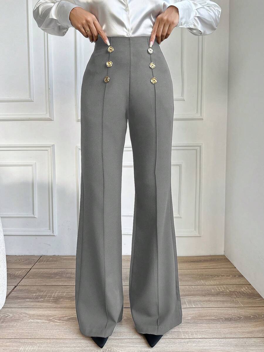 EURMUSE Women's Solid Color Metal Button Decorated Toothpick Striped Design Straight Leg Elegant Pants - Grey - View 1