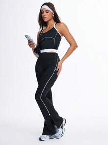Eassivo Women's Casual Contrast Stitching Flared Sports Pants - Black - View 6