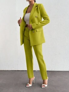 EURMUSE Lapel Neck Double Breasted Blazer & Trousers - Mustard Yellow - View 6
