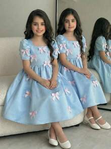 SHEIN Vestido casual con cuello cuadrado y mangas de mariposa tejido para niña - Celeste - Ver 2