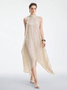 Aalyst Đầm nữ dáng suông không tay, cổ cao, thắt nơ, chấm bi lãng mạn, dài đến đầu gối, kiểu Pháp cổ điển thanh lịch, thích hợp cho công sở, đi làm, kinh doanh, thường ngày, nghỉ lễ, tiệc trà chiều, dạo phố, đơn giản và đa năng, mẫu mới Xuân/Hè. - Màu be - Xem 4