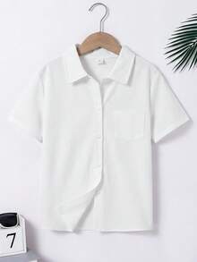 SHEIN Spring/Summer Loose Casual Textured Fabric Turndown Collar Open Front Real Pocket Design Boys Shirt - White - View 3