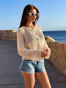 EURMUSE Open Knit Hollow-Out Pocket Button Cardigan In Lightweight Breathable Fabric For Chic Casual Spring Summer Layering Style - White - View 5