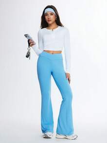 Eassivo 女士高腰喇叭瑜伽裤 - 纹理面料，提臀弹力宽松喇叭运动裤，可机洗 - 藍色 - 查看 6