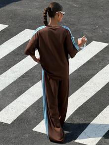 Muchica 女士夏季新款复古棕色编织肩带拼接休闲宽松两件套 - 棕色 - 查看 2