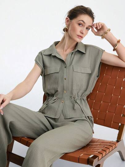 Aalyst Women's Solid Color Linen-Like Shirt With Metal Button Closure, Loose Waist Drawstring, Metal Pig Nose Button Decor, Adjustable Waist Cord, Bell-Shaped Sleeve, Cargo Pocket, Short Sleeve, Olive Green Shirt + High Waist Elastic Waist Loose Straight Leg Pants, Elegant Vintage French Office Commute Business Casual Versatile Outfit, Comfortable Casual Beach Holiday Street Style Spring Summer New