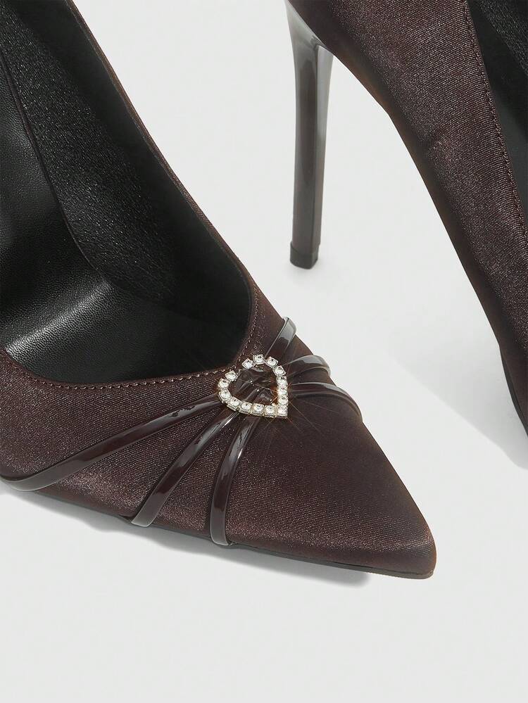 CUCCOO SZL Women Shoes Pointed Stiletto Brown Love Rhinestone Buckle Stylish Simple Sexy Dinner Party Party Dating Ladies High Heel Shoes Women's Shoes