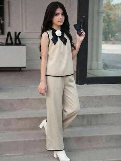 SHEIN Tween Girl Floral Decor Contrast Trim Sleeveless Stand Collar Top And Wide Leg Pants 2 Pieces Set