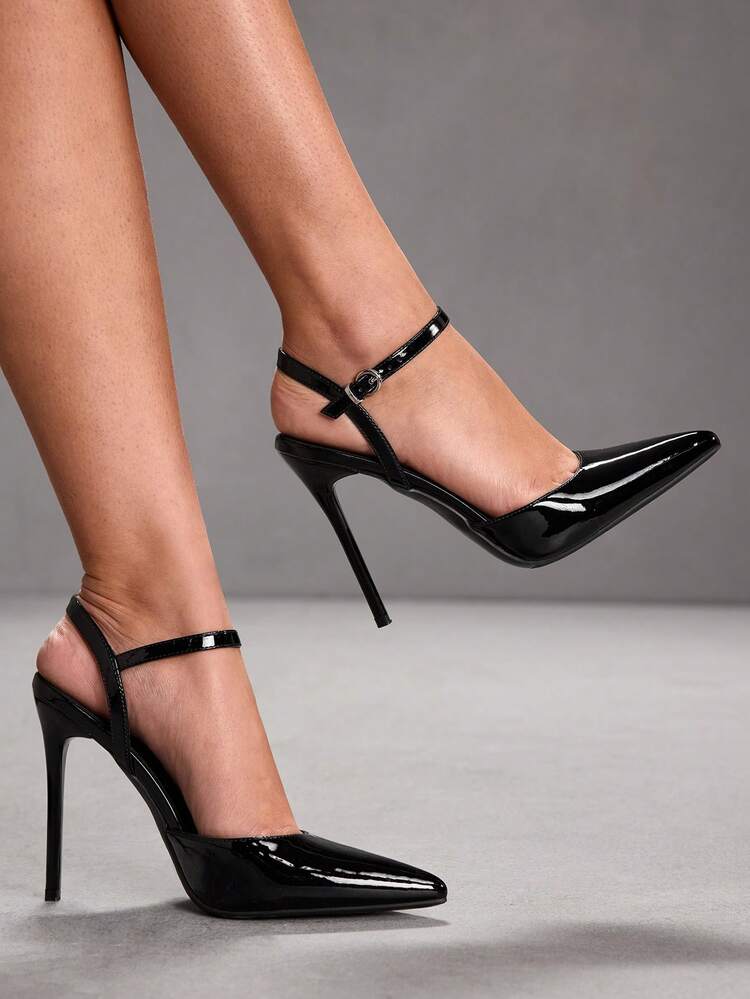 CUCCOO SZL Women's Black Pointed Toe Stiletto High Heel Sexy Evening Party Ladies High Heel Pumps With Ankle Strap And Backless Design Spring Shoes