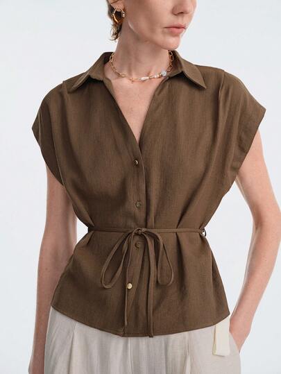 Aalyst Women's Solid Color Linen-Like Shirt, V-Neck, Open Front, Metal Buttons, Loose Fit, Waist Belt With Bow, Pleated Shoulder, Short Sleeve, Mocha Brown, Casual Shirt, Elegant, Retro French Style, Minimalist, Suitable For Office, Commute, Business, Casual, Beach, Daily Wear, Versatile, Middle Eastern Style, Spring/Summer New Arrival