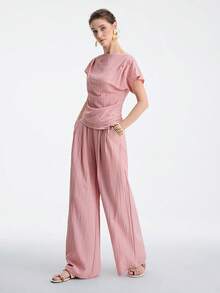 Aalyst Women's Spring/Summer Outfit, Elegant Casual Asymmetric Shoulder Pleated Top + Straight Leg Pants 2-Piece Set, Suitable For New Year, Valentine's Day, Easter, Mother's Day, Middle Eastern Wedding, Commute, Vacation, Pocket Detail, Pink - Pink - View 4