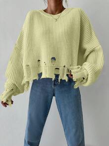 EURMUSE Drop Shoulder Distressed Trim Sweater - Yellow - View 6