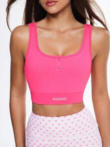 Eassivo 女士运动吊带背心，纽扣开襟，字母印花，高弹力，健身瑜伽上衣 - 玫紅色 - 查看 7