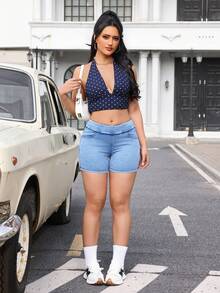 Flexra 女士弹力腰带口袋修身休闲百搭牛仔短裤 - 藍色 - 查看 7