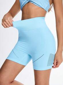 SHEIN Sovereign Charm Pantalones cortos de ciclista de cintura alta sin costuras de color azul claro para mujer, pantalones cortos deportivos elásticos con detalles de malla transpirable, ropa deportiva ajustada para yoga y gimnasio, pantalones cortos de gimnasio con control del abdomen, pantalones cortos sin costuras para mujer, pantalones cortos de gimnasio de cintura alta para mujer - Azul - Ver 5