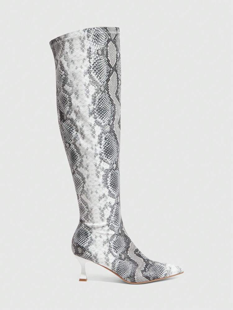 CUCCOO SZL Women's Classic Snake Skin Thigh High Boots, Fashion Super High Heel Pointed Toe Elegant Minimalist Stretch Over-The-Knee Boots Valentine's Day