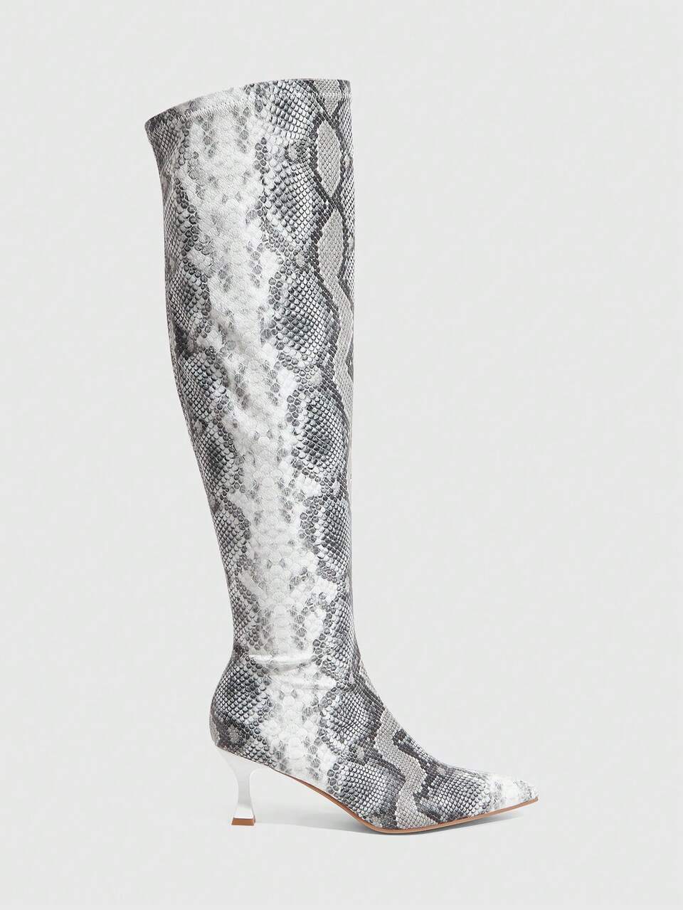 CUCCOO SZL Women's Classic Snake Skin Thigh High Boots, Fashion Super High Heel Pointed Toe Elegant Minimalist Stretch Over-The-Knee Boots Valentine's Day