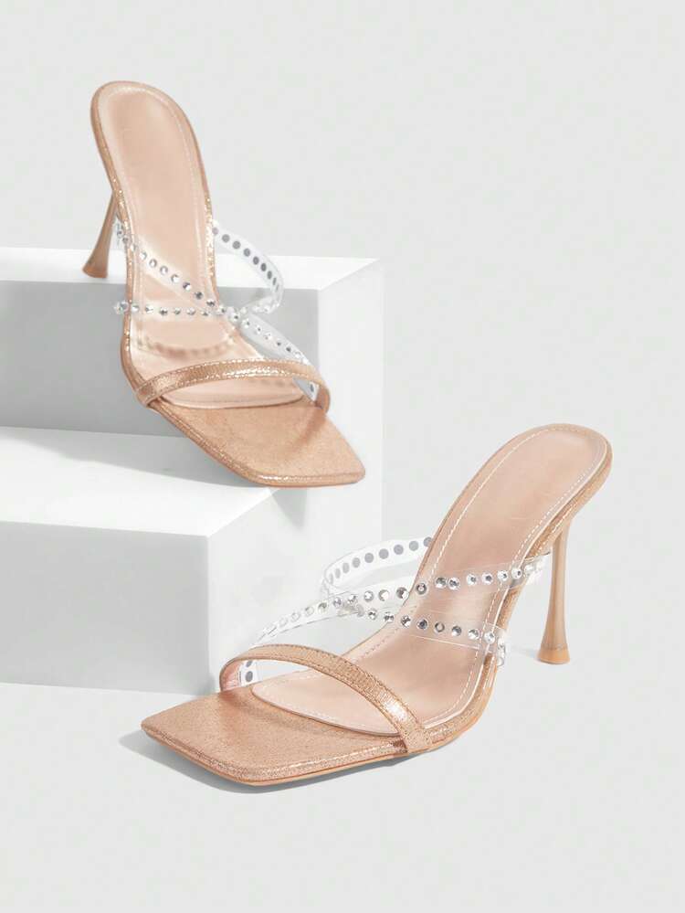 CUCCOO SZL Women Shoes Square Toe Thin Heel Champagne Thin Strips With Rhinestones Sexy Fashion Gorgeous With Skirts Banquet Party Nightclub Ladies High Heel Open Toe Ladies High Heel Sandals Slippers Prom Heels