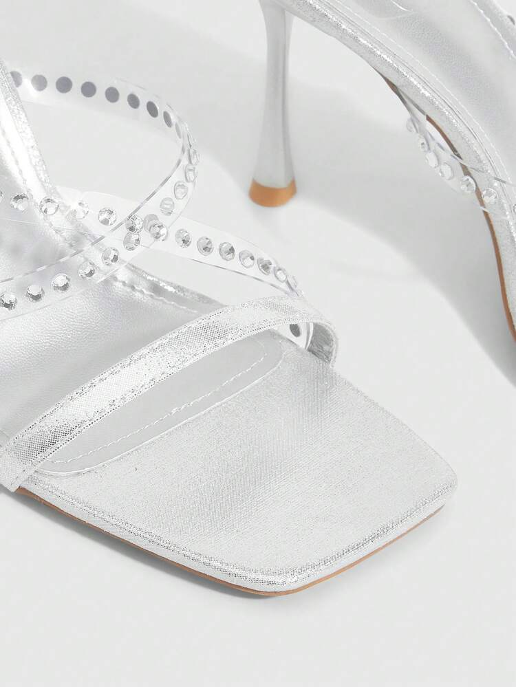 CUCCOO SZL Women Shoes Square Toe Thin High Heel Silver Thin Stripe With Rhinestones Sexy Fashion Gorgeous With Skirts Banquet Party Nightclub Ladies High Heel Open Toe Ladies High Heel Sandals Slippers Prom Heels