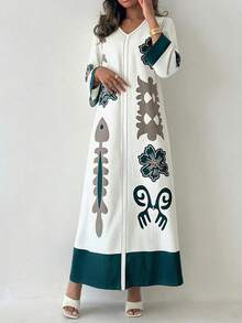 Yasmyna Women's Loose Fit Digital Print Long Sleeve Elegant Romantic Arabian Dress, Spring/Summer - Green - View 1