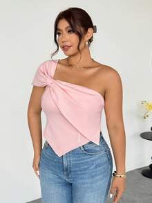 Firerie Chemise asymétrique élégante à nœud pour femmes grandes tailles, top rose pâle, tenue de bureau/négociation d'affaires et tenue décontractée/thé/rencontre entre amies/shopping/été pour femmes/été européen/pour enseignantes/femmes de campagne/top d'été mignon à une épaule rose - Rose bonbon - Voir 6