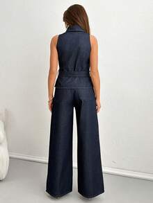 SHEIN طقم ملابس علوية جينز وبنطلون جينز كاجوال مع أزرار أمامية، صيفي - أزرق داكن - مشاهدة 2