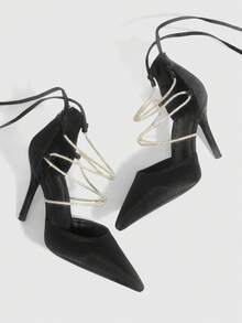 CUCCOO SZL Giày sandal cao gót mũi nhọn, khóa kim loại, quai ngang mắt cá chân, kiểu dáng gợi cảm, thích hợp cho các bữa tiệc và hộp đêm. - màu đen - Xem 1
