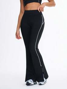 Eassivo Women's Casual Contrast Stitching Flared Sports Pants - Black - View 2