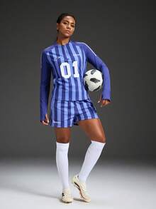 Powerista Pantalones cortos de fútbol holgados con cintura elástica y rayas para mujer - Burdeos - Ver 6