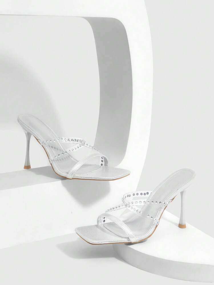 CUCCOO SZL Women Shoes Square Toe Thin High Heel Silver Thin Stripe With Rhinestones Sexy Fashion Gorgeous With Skirts Banquet Party Nightclub Ladies High Heel Open Toe Ladies High Heel Sandals Slippers Prom Heels